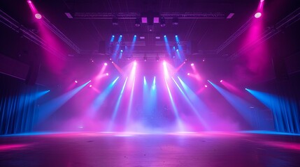 b'Stage lights and smoke in an empty concert hall'