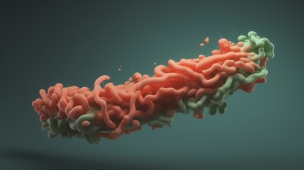 An abstract 3D render of pink and green fluid shapes, with a dark background