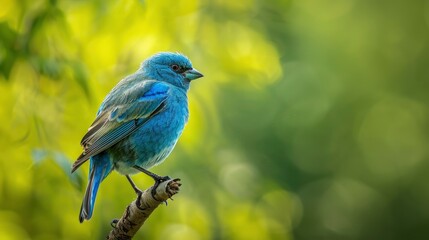 An indigo bunting perched on a branch against a green background in a professional photography style using natural light in a high quality photo