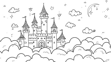 A beautiful line drawing of a castle in the clouds. The castle has many towers and flags, and there are clouds and stars in the sky.