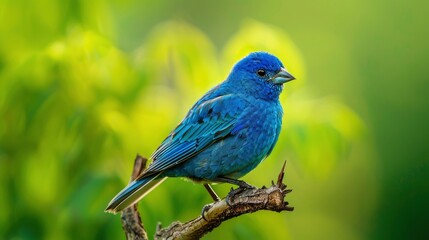 An indigo bunting perched on a branch against a green background in a professional photography style using natural light in a high quality photo