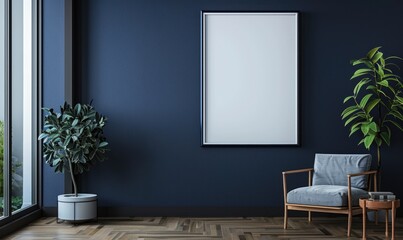 A blank image frame mockup on a dark blue