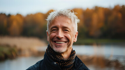 Blond hair caucasian man in his 50s who exudes happiness and a sense of feeling truly alive in a beautiful natural park near lake, genuine smile on his face, relaxed and confident male who found joy