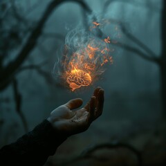 A dark and mysterious forest. A hand holding a glowing brain. The brain is on fire.