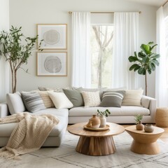 b'A cozy living room with a large white sectional sofa, coffee table, rug, plants, and artwork on the walls'
