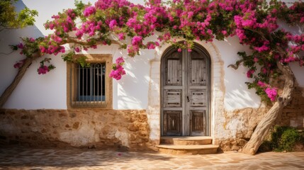 Fototapeta premium b'Pink flowers growing over a rustic wooden door'