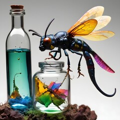 a jar with a dragonfly on it and a jar of water with a couple of bees on it.
