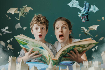 A mother and her son are reading a book about dragons. The dragons are flying out of the book and look very realistic.