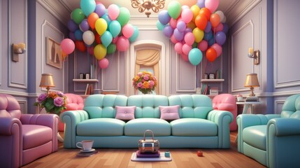 b'A living room with a sofa, balloons, and flowers'