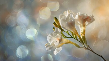 The delicate freesia flower blooms gracefully against a backdrop of gentle light