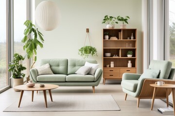 b'A living room with a sofa, coffee table, rug, bookshelf, and plants'
