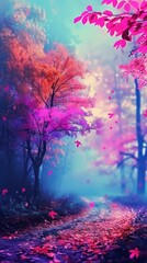b'Fantasy landscape with pink trees and blue sky'