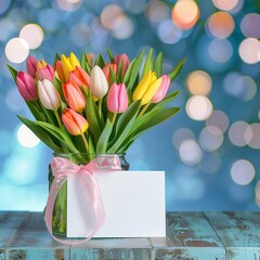 Colorful bouquet of tulips and hyacinths in vase with blank card on wooden table against blurred background.