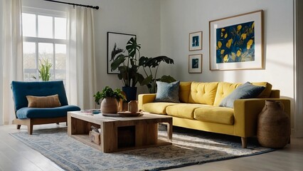 living room interior,The soft golden yellow sofa below lamplight illuminate is local
