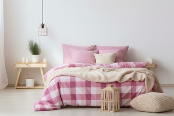 b'A cozy pink and white bedroom with a gingham duvet cover and a wood and metal pendant light'
