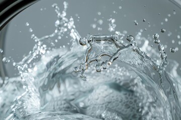 Closeup of water splashing in washing machine drum on white background, high quality image