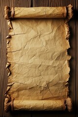 b'aged paper scroll with cracked surface and wooden background'