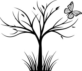 black and white tree with butterfly