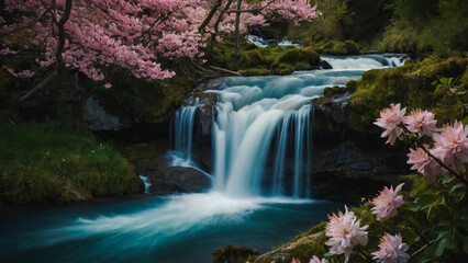 Fototapeta premium Landscape with river and forest with green trees. Silky crystal water and long exposure. Ordesa Pyrenees. 