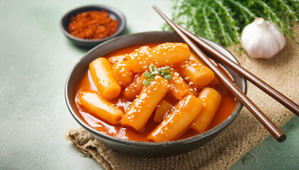 Close-up plate of hot and spicy rice cake, tteokbokki. Traditional Korean food. Delicious dish.