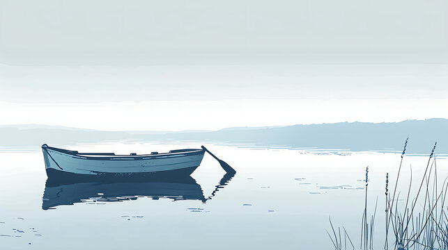 This is a beautiful image of a boat on a lake. The water is calm and still, and the boat is anchored in the middle of the lake.