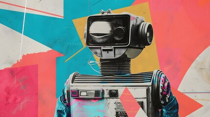 art collage robot in front of graffiti wall