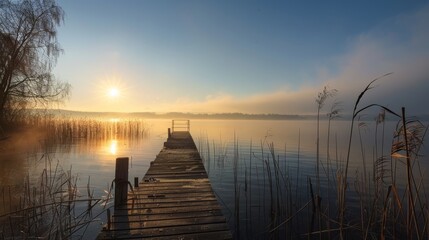 Fototapeta premium Breathtaking sunrise at the lake with mist - serene panoramic view on a sunny day