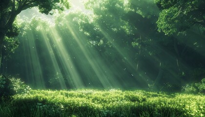 Scenic view of sunlight filtering through lush green forest on a beautiful sunny day