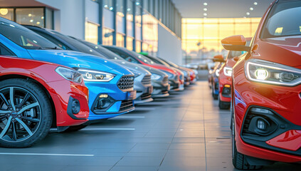 Red and blue cars in a row in a car showroom. Modern automotive industry concept showcasing new models of luxury vehicles, parked in a dealership lot for retail sale. Urban view of the auto business.