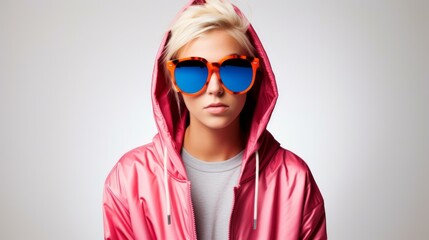 b'A young woman wearing a pink hoodie and sunglasses'