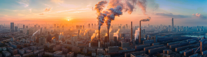 Obraz premium Aerial view modern city with smoking chimneys sunset. Atmospheric urban skyline, industrial emissions air and environmental power production. Cityscape, technology and ecology, global warming.