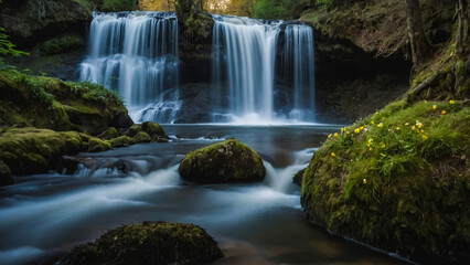 Naklejka premium Landscape with river and forest with green trees. Silky crystal water and long exposure. Ordesa Pyrenees. 