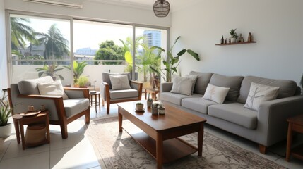 b'Bright living room with large windows and plants'