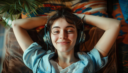 Teenage girl laying and listening to music in headset.