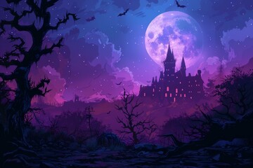 b'Illustration of a haunted castle with a full moon'