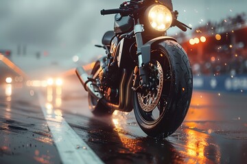 A dynamic shot from ground level as a racing sports heavy bike speeds past, the rider's helmeted head barely visible above the sleek frame, with streaks of light creating a sense of motion