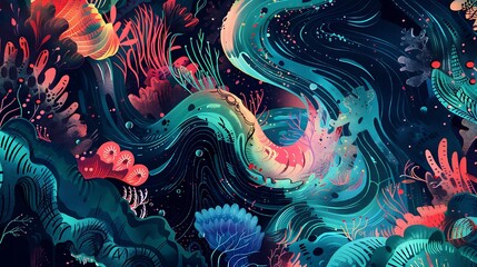 Underwater painting. Colorful abstract painting of coral reef with exotic fish. Modern art. - obrazy, fototapety, plakaty
