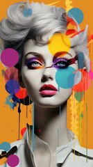 b'Colorful portrait of a woman with white hair and bright makeup'