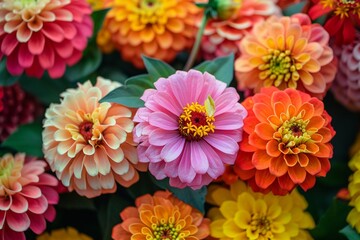 Beautiful colorful zinnia and dahlia flowers in full bloom, close up Natural summery texture for background