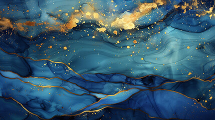 Abstract seascape in alcohol ink, with deep blue ocean meeting gold-streaked sky. Captures the sea's majestic tranquility. - obrazy, fototapety, plakaty