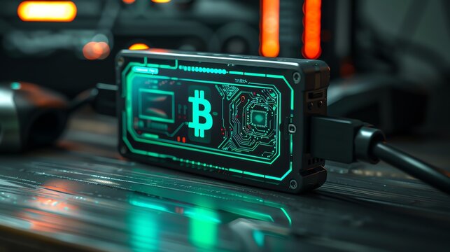 Closeup of a hardware wallet displaying Bitcoin on the screen