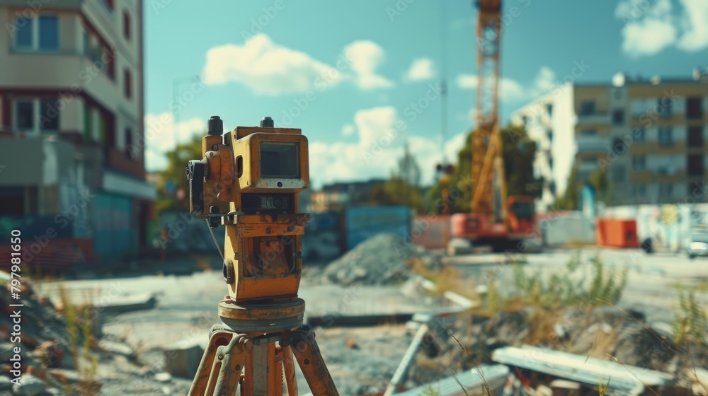 Poster tripod set up in front of a busy construction site. perfect for architectural projects