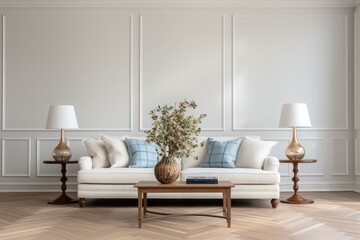b'Elegant living room with white sofa, blue pillows, and wooden coffee table'