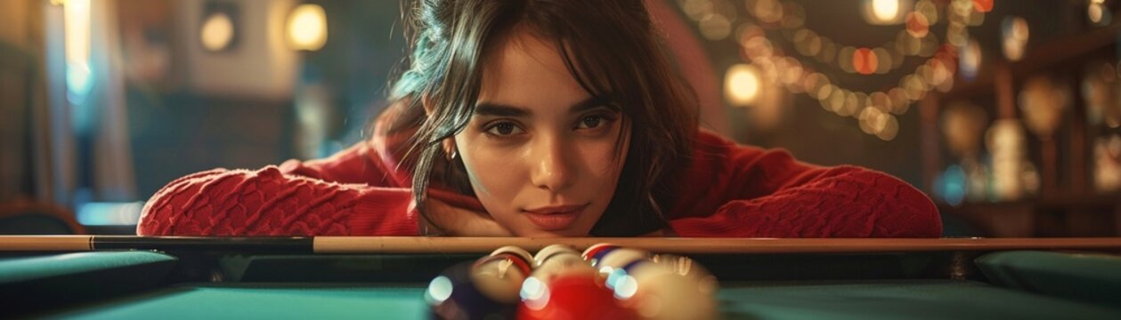 Female billiard player using the cue stick while playing billiard at the club Playing billiards