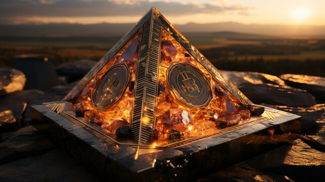 b'A golden pyramid made of Bitcoin and crystals'