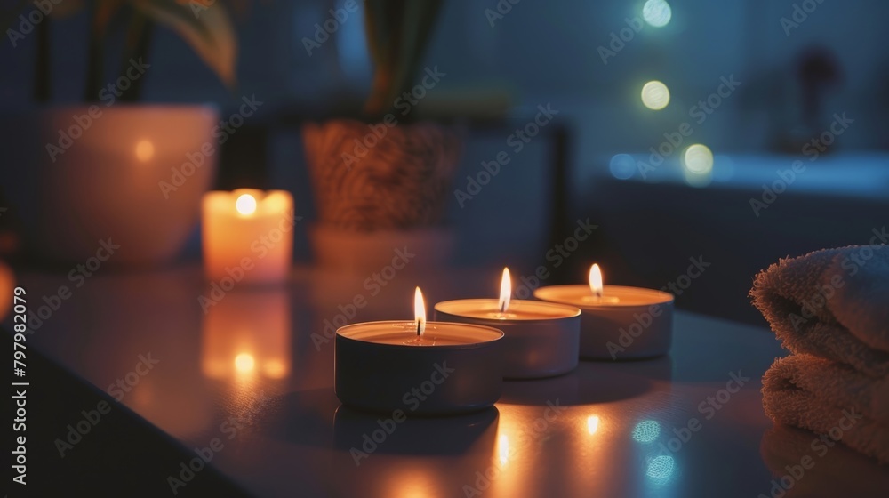 Poster aromatherapy candles flickering in the low light of the massage room creating a soothing atmosphere 