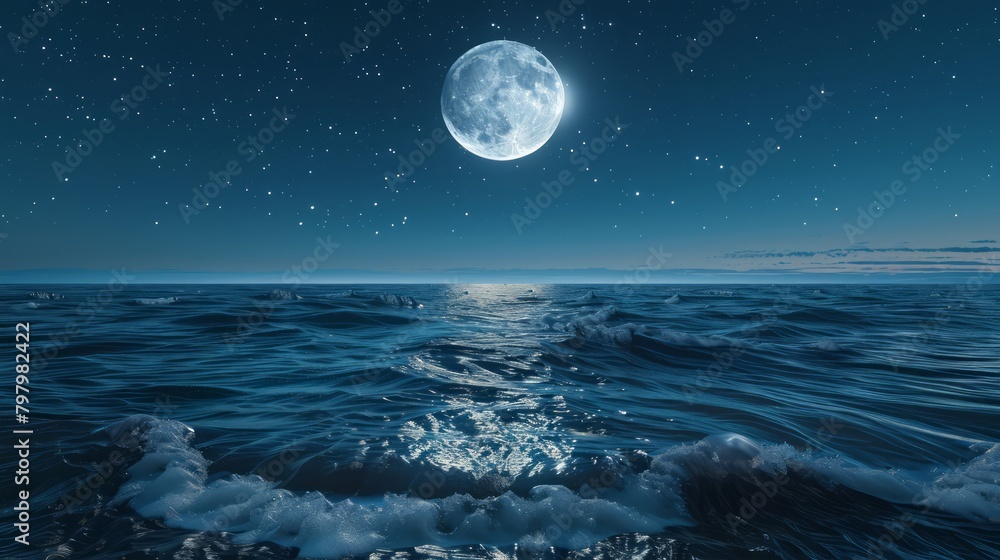 Poster A large moon is reflected in the water of the ocean. The scene is calm and peaceful, with the moonlight creating a serene atmosphere