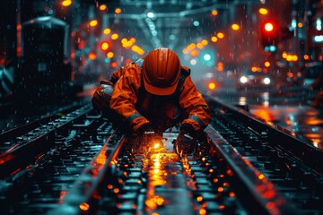 Man Working on Train Track in the Rain
