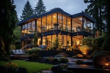 b'Black exterior house with large glass windows surrounded by trees'
