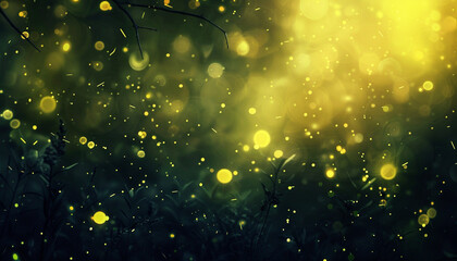 An abstract background in lemon yellow and charcoal, where defocused lights mimic the playful dance of fireflies on a warm summer night. The mood is joyful and light-hearted. - obrazy, fototapety, plakaty
